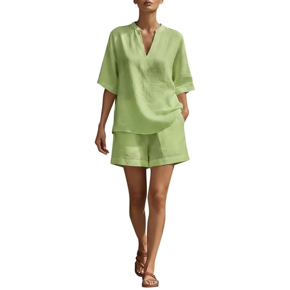 GZWYHT 2 Piece Linen Set For Women,Travel Outfits Linen Beach Set Linen Two Piece Set Embroidered Tops Beach Vacation Set Embroidered Linen Shirt And Pant Yellow L