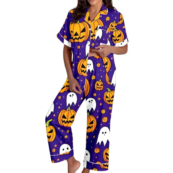 GZWYHT 2 Piece Pajama Set for Women Halloween Pajamas Pumpkin Print Short Sleeve Button Top and Capri Pants Summer Pjs for Women Set Matching Halloween Pajamas Purple M