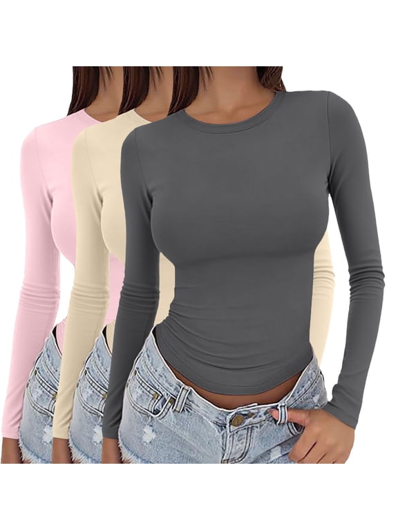 3 Pack Womens Long Sleeve Shirts,Basic Tops Crew Neck Fitted Tight Workout Tees Clothes Going Out Fashion Outfits