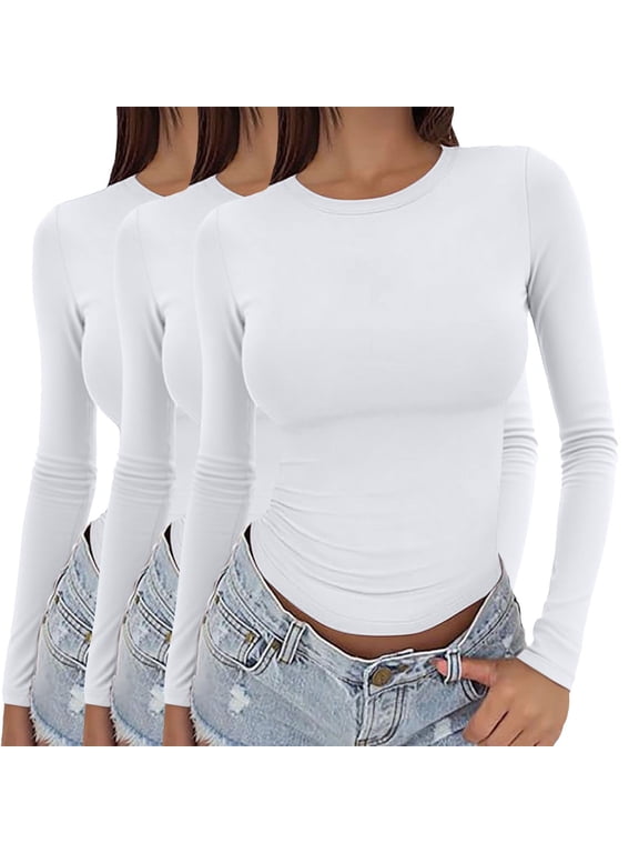 3 Pack Womens Long Sleeve Shirts,Crew Neck Basic Stretchy Fitted Tops Going Out Fashion Clothes