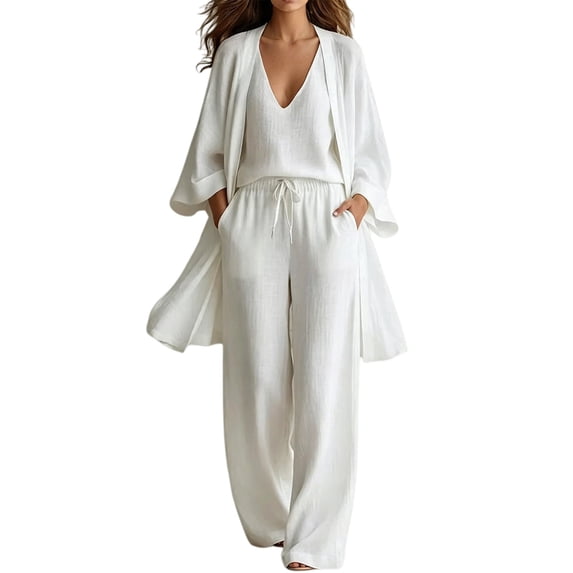 GZWYHT 3 Piece Lounge Set for Women Linen Open Cardigan V Neck Vest Top & Elastic Drawstring Wide Leg Trousers with Pockets Loose Fit Solid Color Outfit for Work Vacation White XL