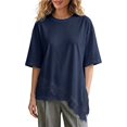 thumbnail image 1 of GZWYHT Asymmetrical Tops for Women Lace Patchwork Satin Top Crewneck Oversized Tee Shirts Side Slit Short Sleeve Tops Green S, 1 of 5
