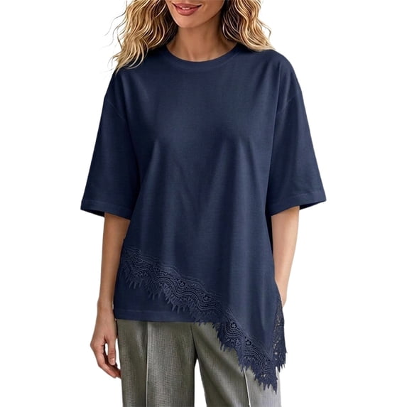 GZWYHT Asymmetrical Tops for Women Lace Patchwork Satin Top Crewneck Oversized Tee Shirts Side Slit Short Sleeve Tops Green S