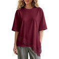 thumbnail image 1 of GZWYHT Asymmetrical Tops for Women Lace Patchwork Satin Top Crewneck Oversized Tee Shirts Side Slit Short Sleeve Tops Red L, 1 of 5