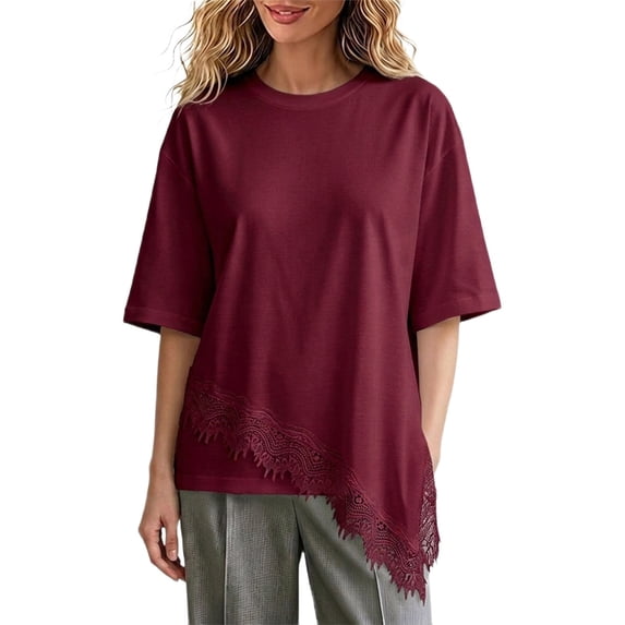 GZWYHT Asymmetrical Tops for Women Lace Patchwork Satin Top Crewneck Oversized Tee Shirts Side Slit Short Sleeve Tops Red L