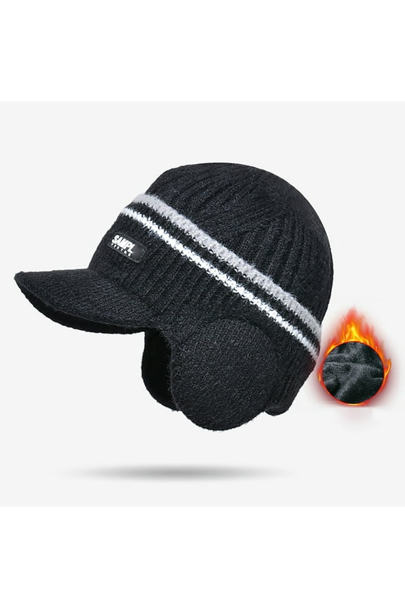 Baseball Caps,Trucker Hats Men Winter Hat Fleece Lined Cuff Knit Hats With Visor Warm Earflaps Ski Cap Running Hat,Unisex Baseball Cap Black