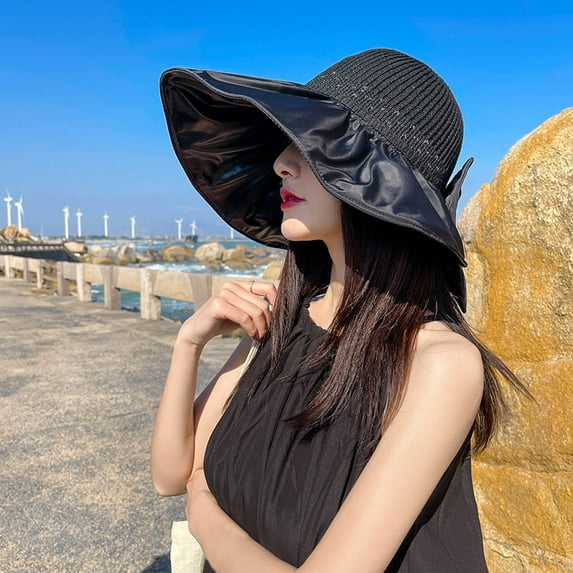 GZWYHT Beach Hats,Sun Hats Womens Outdoor Casual Bow Decoration Big Head Design Sun Hat Wide Brim Hats,Hats for Men Black