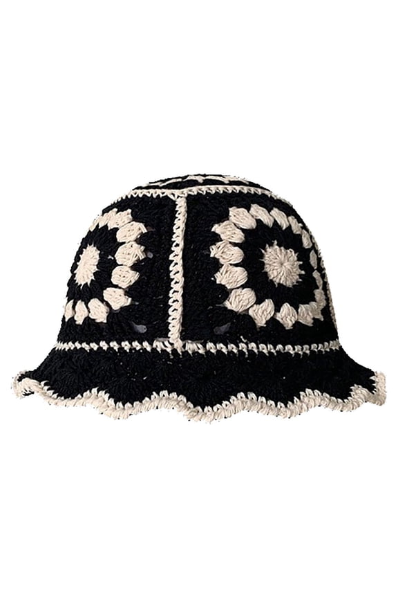 Beanies,Beanie Hats Crochet Bucket Hat For Women Knit Cap Handmade Foldable Floppy Beach Hat Fashion Cute Striped Floral Fishing Hat Wide Brim Hats,Hats for Women Black