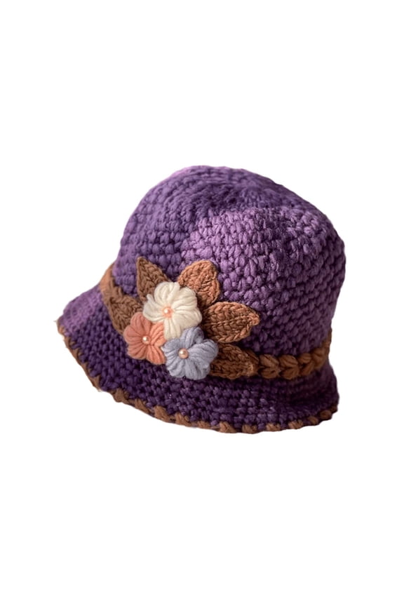 Beanies,Beanie Hats French Thicken Women's Flowers Knitted Woolen Hat Warm And Windproof Knitted Crochet Flower Knitting Hat Winter Hats,Hats for Women Purple