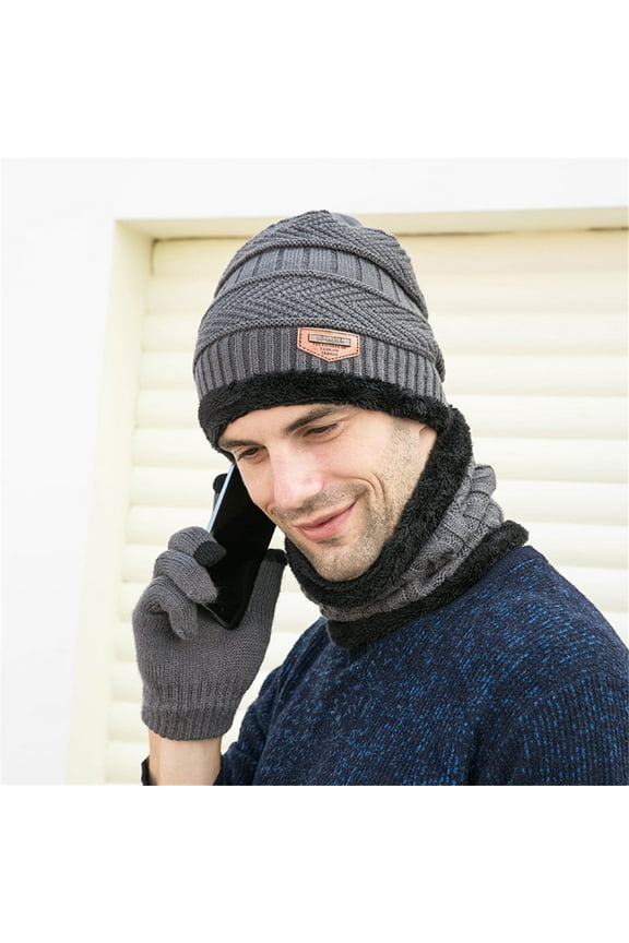Beanies,Beanie Hats Men's Winter Hat Cap Collar Set Plus Velvet Thick Knit Hat And Muffler Gloves Winter Hats,Hats for Men Grey