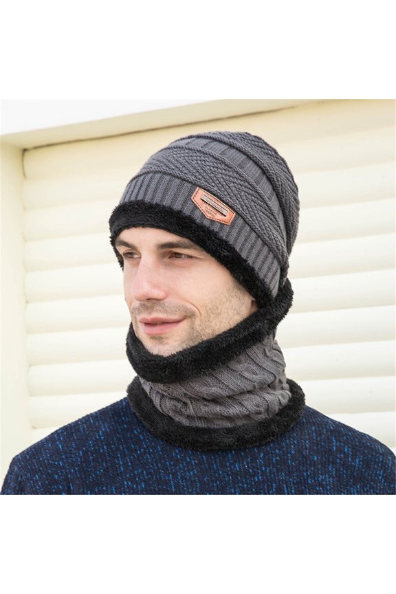 Beanies,Beanie Hats Men's Winter Hat Cap Collar Set Plus Velvet Thick Knit Hat And Muffler Winter Hats,Hats for Men Grey