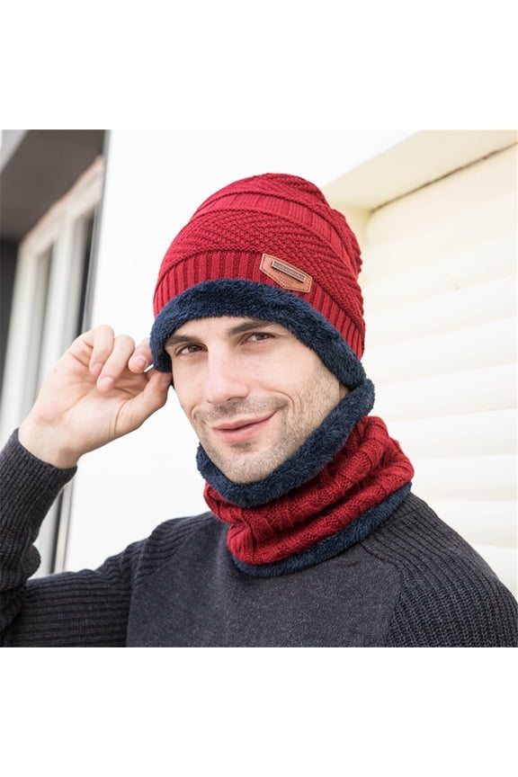 Beanies,Beanie Hats Men's Winter Hat Cap Collar Set Plus Velvet Thick Knit Hat And Muffler Winter Hats,Hats for Men Red