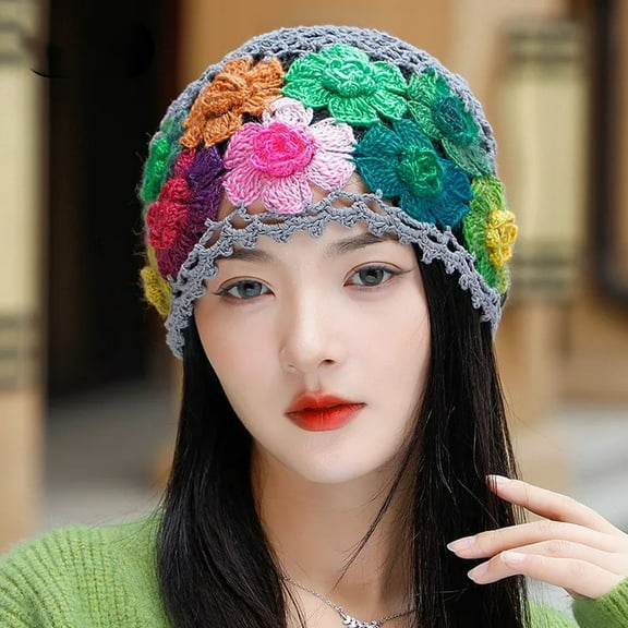 GZWYHT Beanies,Beanie Hats Vintage Handmade Embroideried Cotton Crochet Knit Hollow Out Floral Knit Hat Winter Hats,Hats for Women Grey