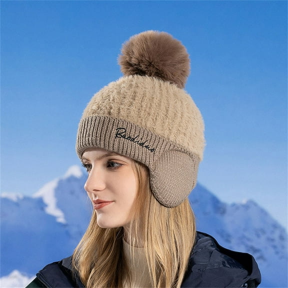 GZWYHT Beanies,Beanie Hats Winter Plus Fleece Ear Hat Women With Hairball Fashion Pullover Woolen Hat Cold Warm Knit Hat Winter Hats,Hats for Women Khaki