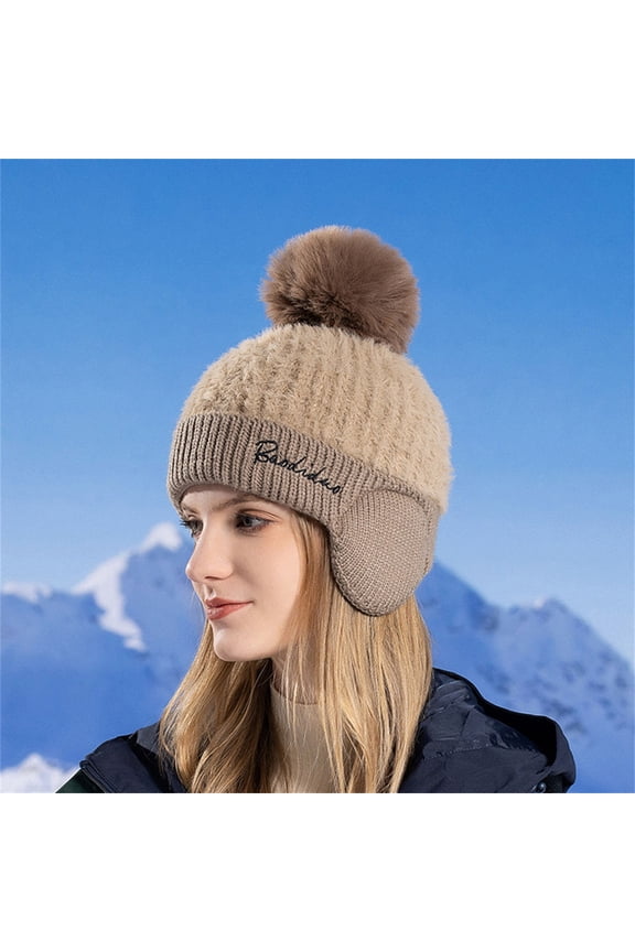 Beanies,Beanie Hats Winter Plus Fleece Ear Hat Women With Hairball Fashion Pullover Woolen Hat Cold Warm Knit Hat Winter Hats,Hats for Women Khaki