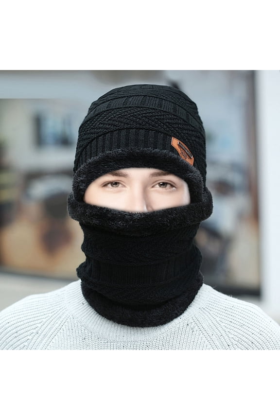 Beanies,Beanie Hats Winter Thermal Plush Hat Scarf Woolen Cap Cycling Windproof Cap Two-piece Suit Winter Hats,Hats for Women Black