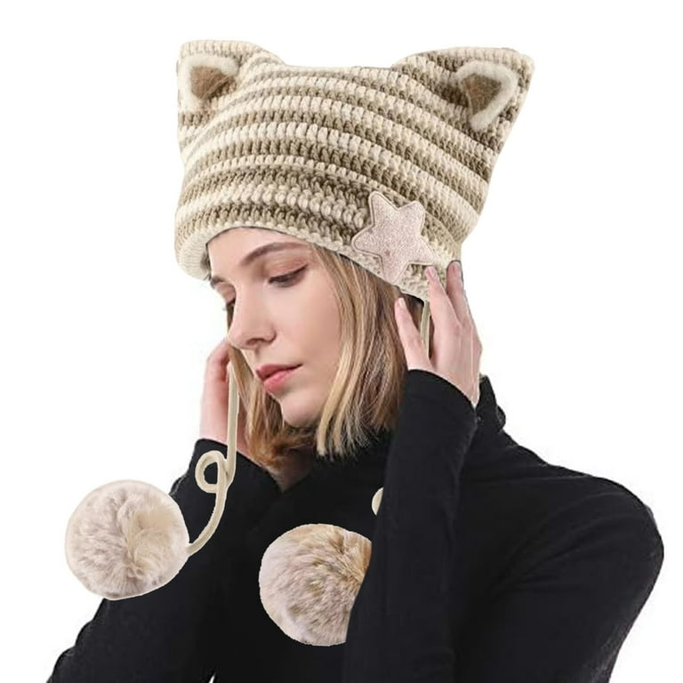 GZWYHT Beanies,Beanie Hats Women Cat Ear Hat With Pom Poms