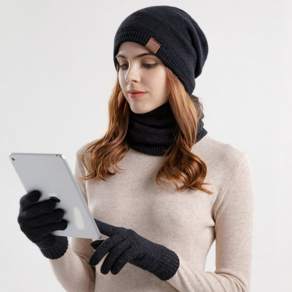 GZWYHT Beanies,Beanie Hats Womens And Mens Knitting Wool Hat Winter Warm Hat Bib Gloves Three Piece Suit Plush Ear Protector Head Cap Winter Hats,Hats for Women Black