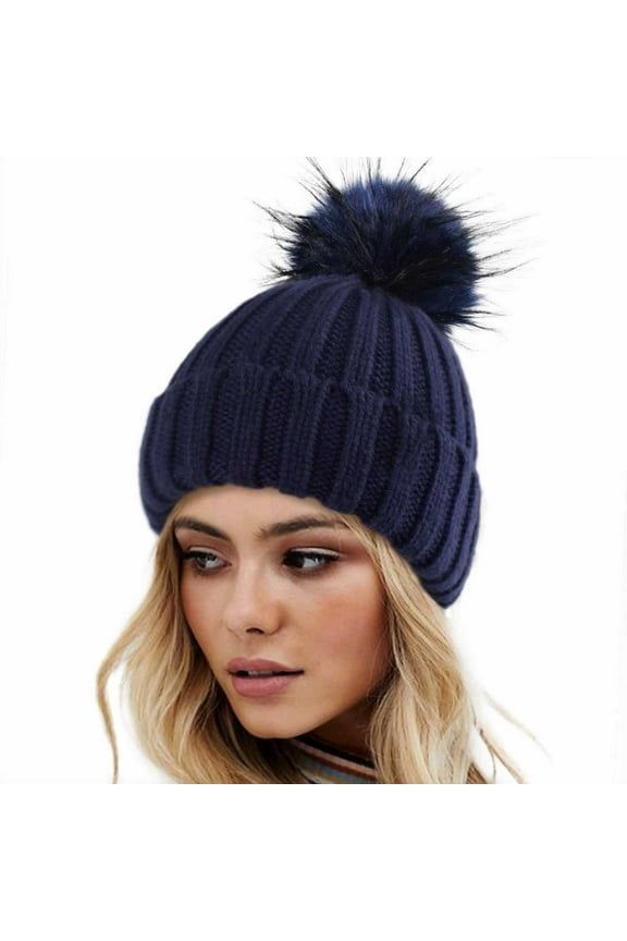 Beanies,Beanie Hats Womens Winter Knitted Hat With Faux Pom Warm Knit Cap For Women Winter Hats,Hats for Women Navy