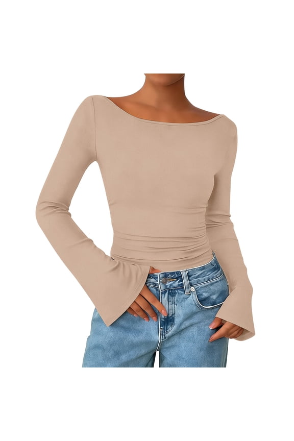 Bell Sleeve Tops For Women,Long Bell Sleeve Top Boat Neck Ribbed Knit Bell Sleeve Blouse Boat Neck Tops For Women Going Out Tops Long Sleeve Going Out Long S