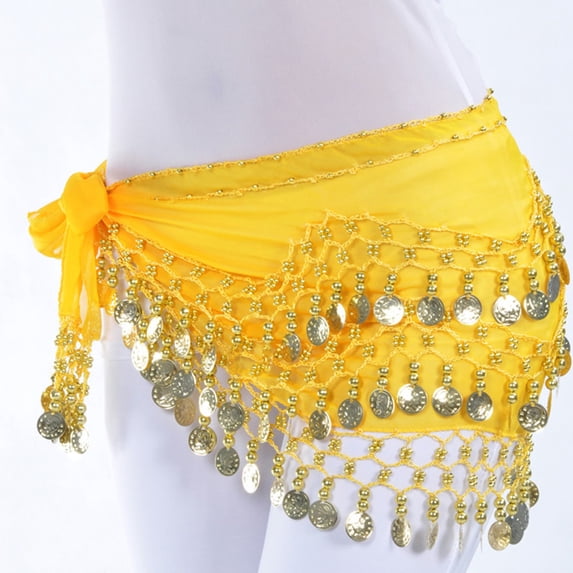 GZWYHT Belts for Women,Western Belts Chiffon Belly Dance Hip Scarf Wrap Belt Tribal Sash Skirt Silver 128 Coins Leather Belt,Work Belt,Womens Belt Yellow