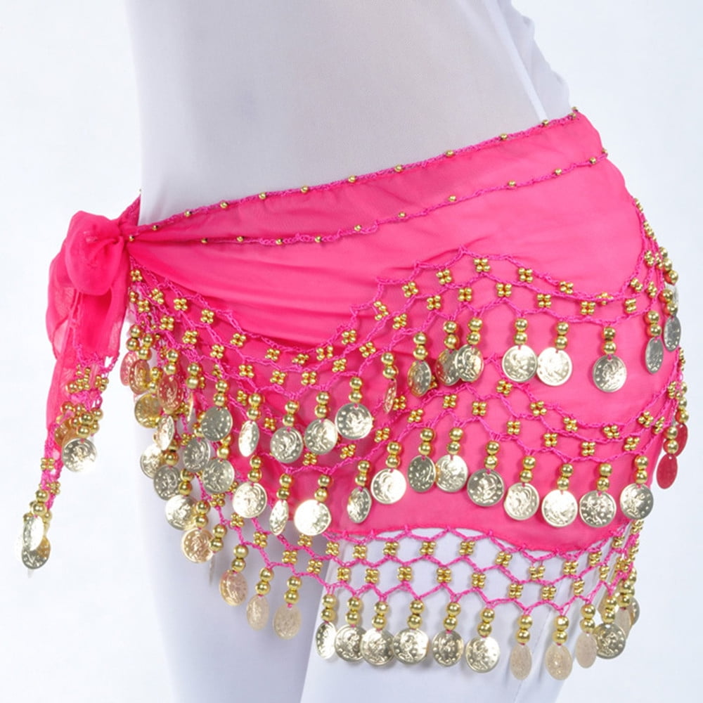Women's Belly Dance Hip Scarf With 128 Silver Coins - Chiffon Wrap Skirt & Coin Belt For Dance & Parties