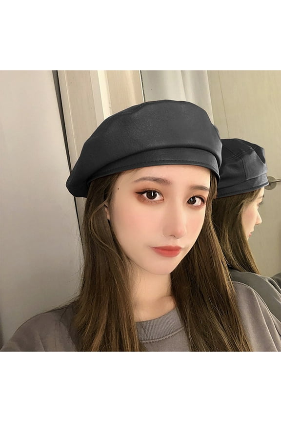 Beret Hats,French Style Beanie Hats Women Beret Hat Faux Leather Beret French Beret Artist Beret Cap Flat Cap,Visor Beret Black