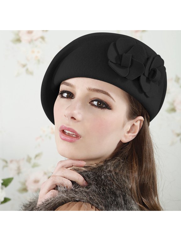 Beret Hats,French Style Beanie Hats Wool Elegant Women Beret Beanie Warm Pillbox Hat Cap Flat Cap,Visor Beret Black