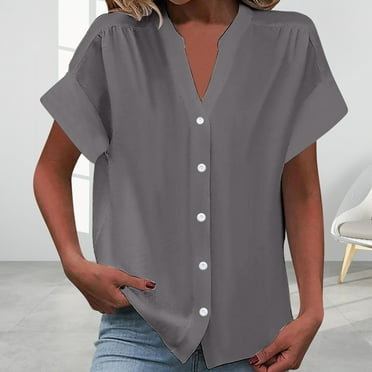 GZWYHT Big Sale! Shirts for Women,Button Down Shirts,Solid Brouse For Trendy Casual T Shirts 2025 Spring Summer Button Down Shirts Short Sleeve V Neck Cardigans,Short Sleeve Shirts,Blouses for Women