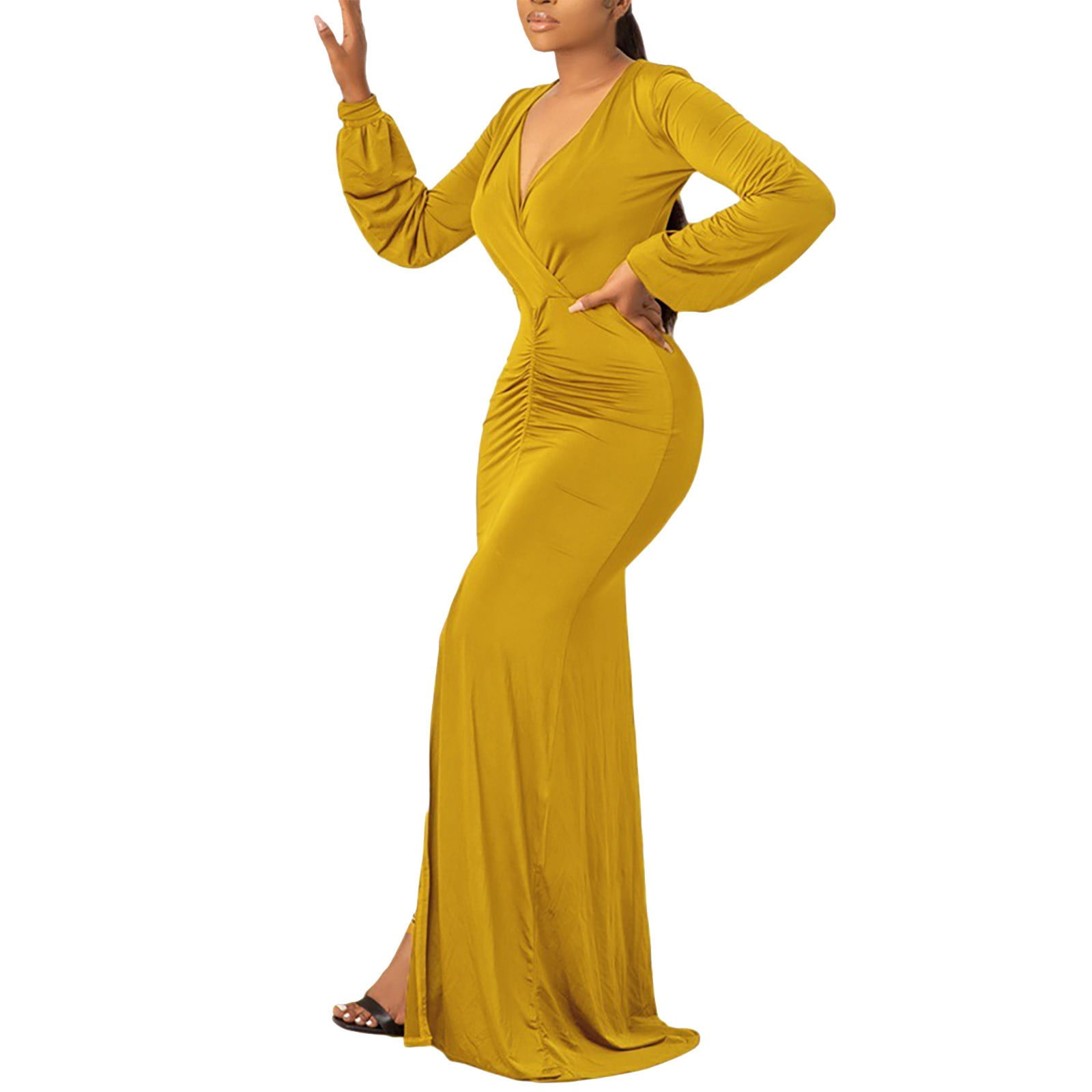 GZWYHT Bodycon Dresses Plus Size Dresses Casual Long Sleeved Solid Color Tight Fit Plus Size Dress Long Dress Maxi Dresses Long Sleeve Dress Yellow Dress Casual Dresses XL Walmart