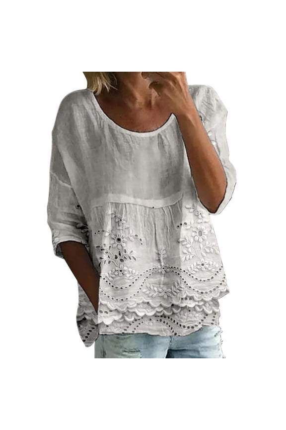 Boho Floral Tops，Cute Loose Fit Tunics Retro Casual 3/4 Sleeve Gauze Printed T Shirts Shirts Cute Casual 3/4 Sleeve Tunic Top Women's Summer Graphic T-Shirts White XL