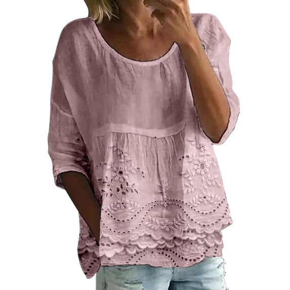 GZWYHT Boho Floral Tops,Loose Pleated Retro Casual 3/4 Sleeve Gauze Printed T Shirts Shirts Women's Summer Graphic T-Shirts Summer Peasant Blouses For Women Blouse Shirt Pink 4XL