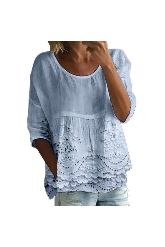 Boho Floral Tops，Summer Peasant Blouses For Women Loose Pleated Printed T Shirts Shirts Women's Summer Graphic T-Shirts 3/4 Sleeve Tunic Top Blouse Shirt Blue M