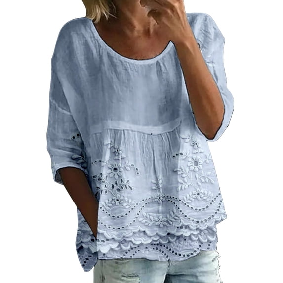 GZWYHT Boho Floral Tops,Summer Peasant Blouses For Women Loose Pleated Printed T Shirts Shirts Women's Summer Graphic T-Shirts 3/4 Sleeve Tunic Top Blouse Shirt Blue M