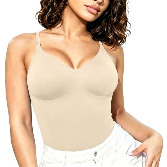 GZWYHT Bra Tank Tops For Women V Neck Racer Back Tank Top For Women Padded Ribbed Long Tank Fitted Basic Cami Tops Bodysuits Tops Beige L