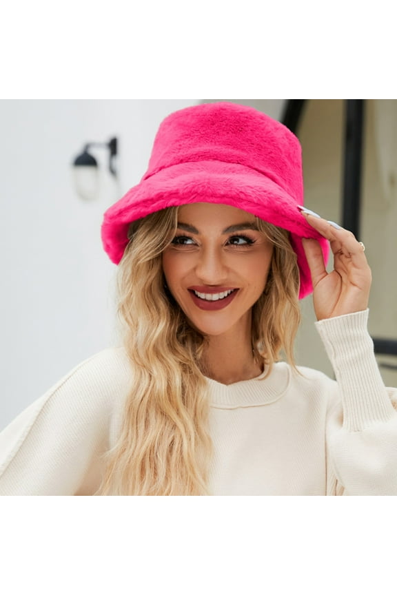Bucket Hats,Sun Hats Fuzzy Bucket Hat For Women Faux Superficial Knowledge Bucket Hat Fluffy Warm Soft Winter Fisherman Cap Furry Sun Hat Wide Brim Hats,Beach Hats Hot Pink