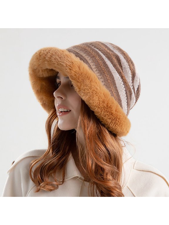 Bucket Hats,Sun Hats Winter Women's Bucket Cap Fisherman's Hat Retro Knitted Wool Basin Bucket Hat Wide Brim Hats,Beach Hats Beige