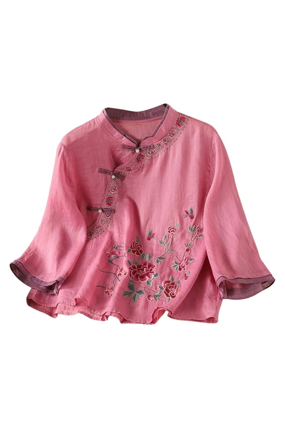 Embroidered Linen Tops For Women,Oversized Tshirts For Women Lightweight Summer Tops Chinese Traditional Clothes Chinese Frog Button Tops Shirts For Women Trendy Pink L