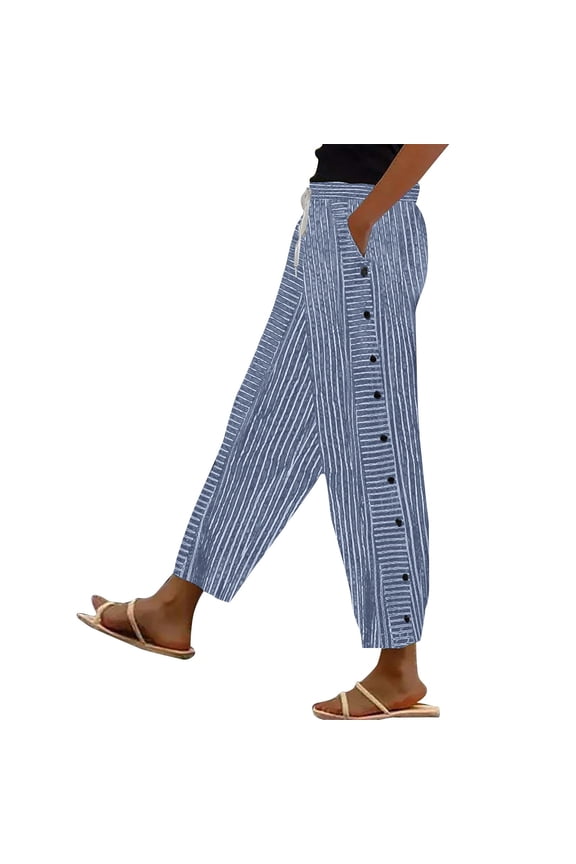 Capri Pants For Women,Loose Summer Beach Boho Trousers With Pockets Stripe Print Beach Summer Pants With Pockets Summer Beach Gauze Capri Trousers,Blue S