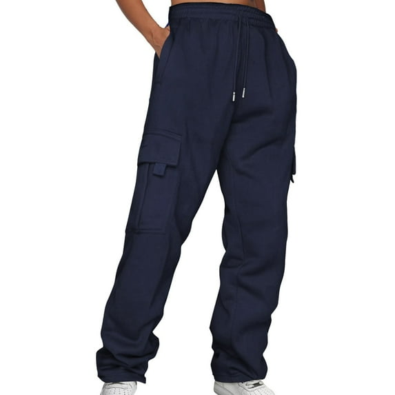 GZWYHT Sweatpants Women Baggy Pants Ladies' Solid Drawstring Elastic Waist Pocket Pants Slacks Womens Pants Lounge Pants Women Dark Blue M