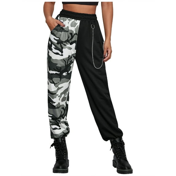 GZWYHT Cargo Pants Women,Work Pants,Women Punk Pockets High Waist Chain Casual Plaid Trousers Pants,Pants for Women,Palazzo Pants,Cargo Sweatpants,Grey,S