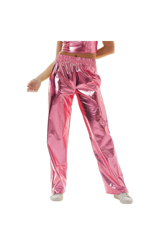 Cargo Pants Women,Work Pants,Women's Metallic Shiny Trousers Elastic Waistband Loose Casual Long Trousers Jogging Bottoms Plain Wet Look,Pants for Women,Palazzo Pants,Leather Pants,Pink,M