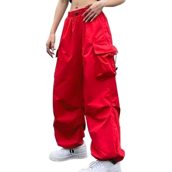 GZWYHT Cargo Pants Women,Work Pants,Womens Baggy Cargo Pants Streetwear Hip Hop Joggers Sweatpants Drawstring Casual Loose Wide Leg Trousers,Pants for Women,Palazzo Pants,Cargo Sweatpants,Red,L