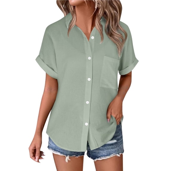 GZWYHT Cotton Button Up Shirts For Women,Short Sleeve Blouse V Neck Collared Womens Shirts Plain Shirts for Women Long Button Down Shirts for Women Solid Color Green L