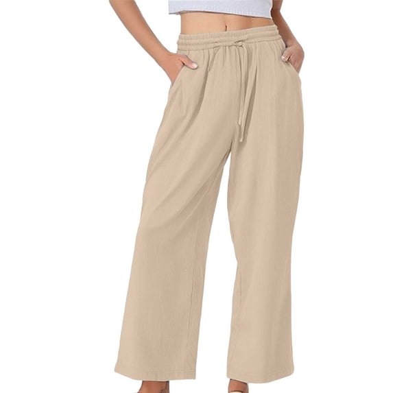 GZWYHT Cotton Linen Pants For Women,High Waist Casual Wide Leg Long Lounge Trousers With Pockets Baggy Lounge Pants Summer Harem Lounge With Pockets Solid Color,Brown L