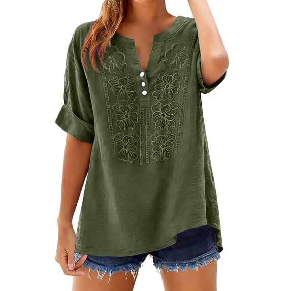 GZWYHT Cotton Linen Shirts For Women,Shirts for Women Trendy Lightweight Casual Blouse Trendy Retro Embroidered Solid Color Boho Peasant Gauze Blouses Plus Size Tops Green S