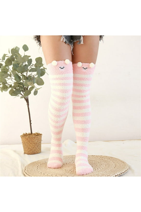 Crew Socks,Fuzzy Socks Women's Coral Fleece Thickened Cartoon Striped Warm Towel Floor Socks 2PC Stockings Knee High Stockings,Dress Socks,Slouch Socks Pink