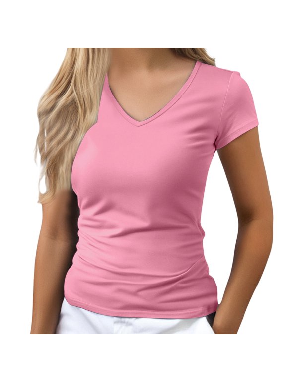 Cropped V Neck T Shirts for Women Workout Cute Shirts Slim Fit Crop Tee Short Sleeve T Shirts Tight Shirts Basic Tops Fitted Shirts Nice T Shirts Cotton Summer T shirt Pink XL