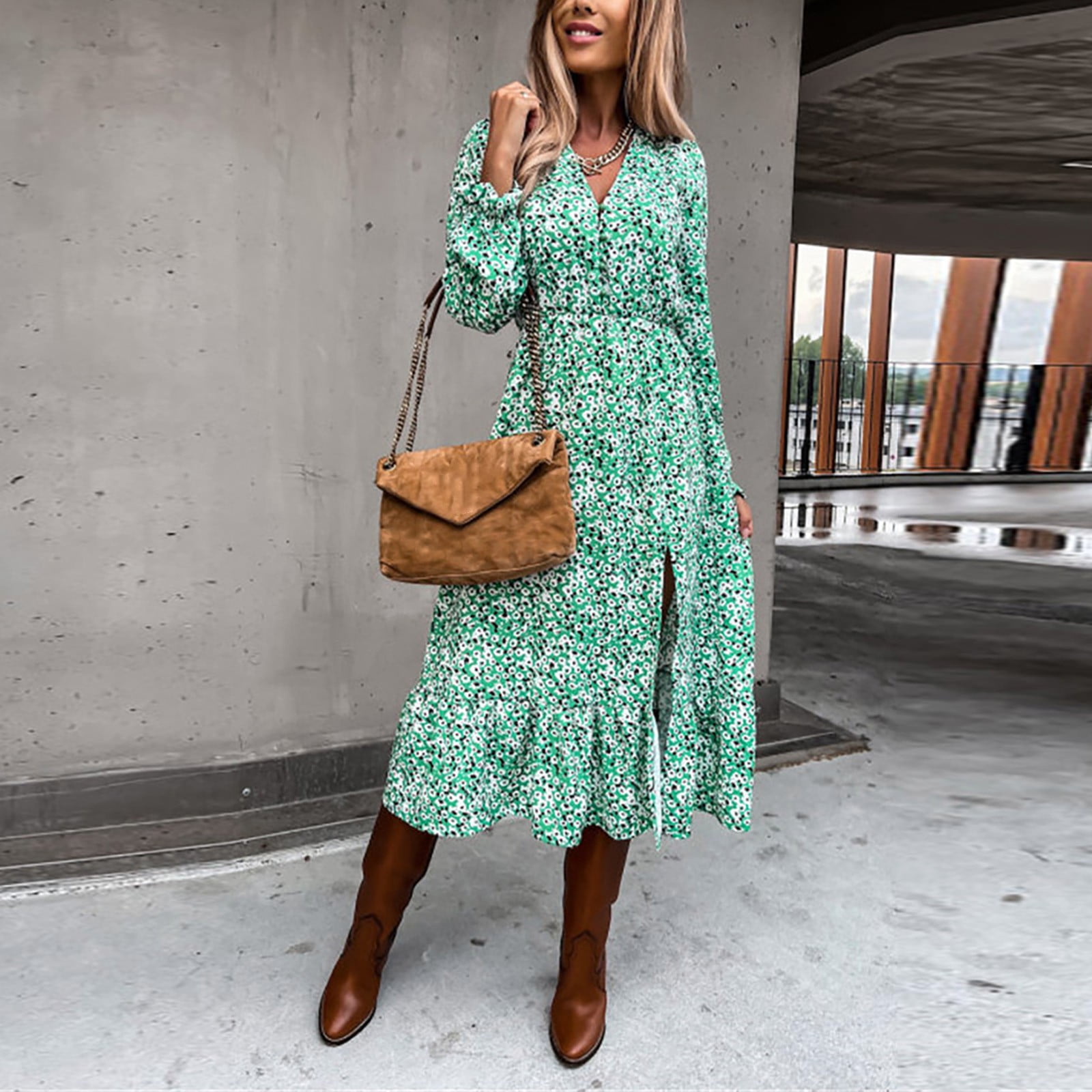 knee length dresses for ladies Elegant Long Sleeves Chiffon Midi Wedding Guest Dress with Applique Waist main image 0