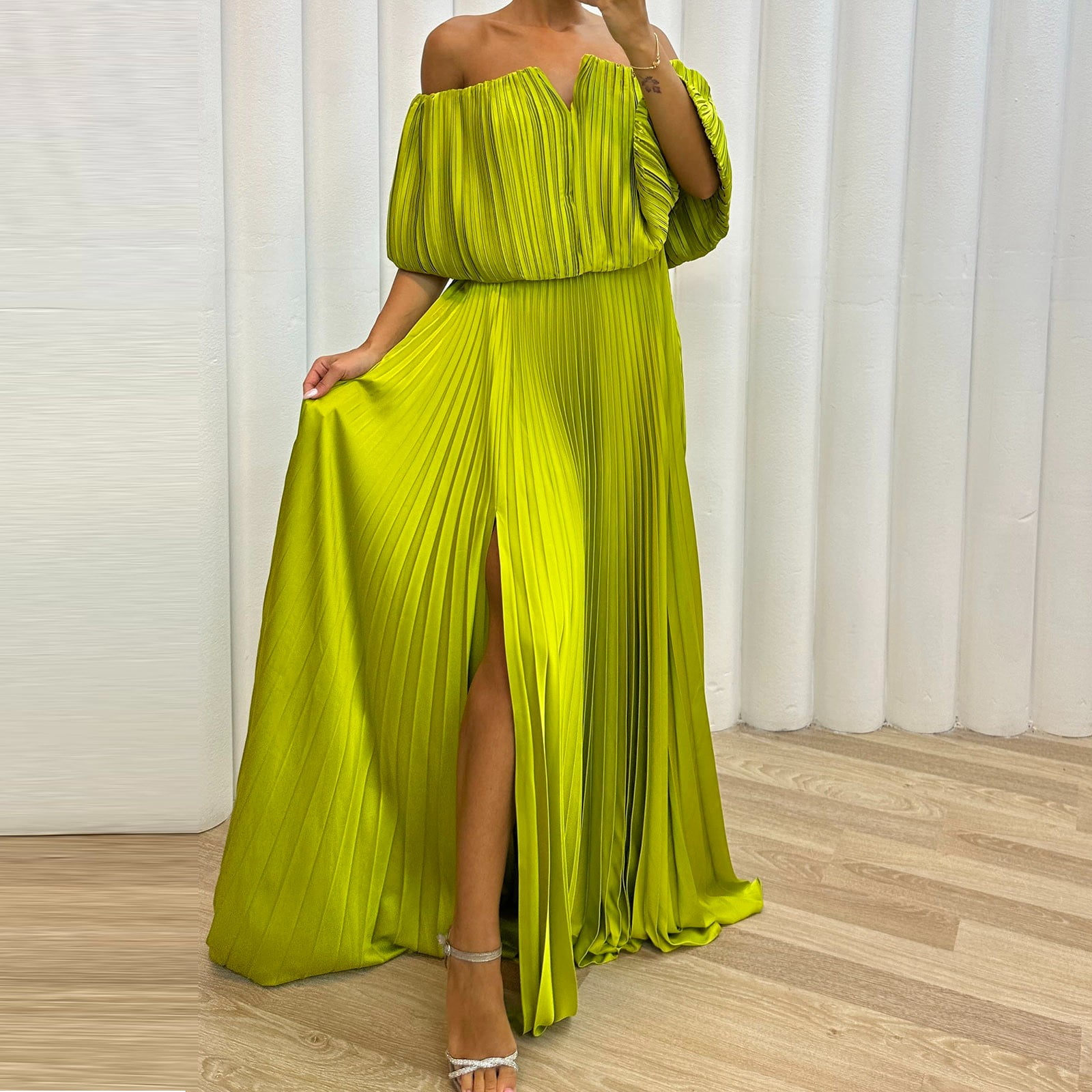 GZWYHT Dresses for Women 2024,Prom Dresses Women's Solid Color Strapless Accordion Pleated One